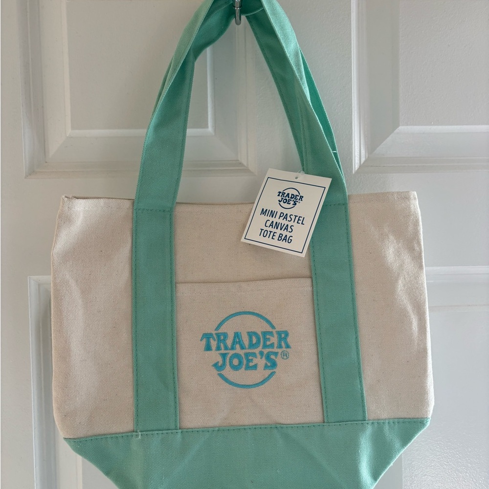 Trader Joe’s Mini Pastel Canvas Tote Bag - Mint Green, Blue Embroidery, Cream